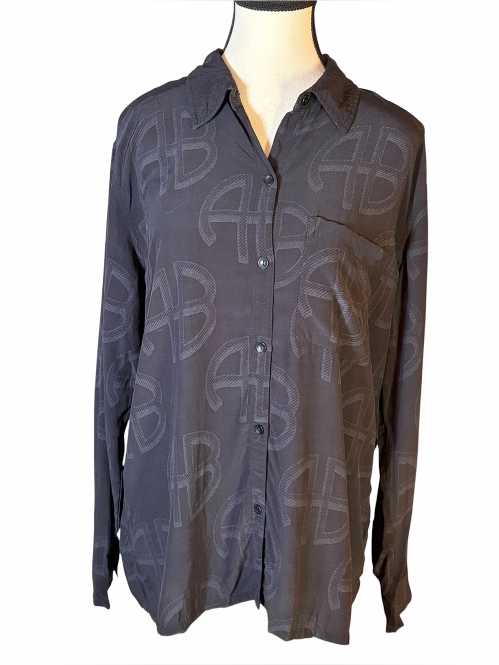 ANINE BING Aspen Shirt Black Monogram Jacquard S Small NWOT Button Up Blouse
